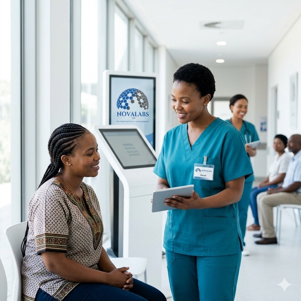 A healthcare worker speaking with a patient in a clinic, beside a NovaLabs Women's Health Diagnostics information kiosk