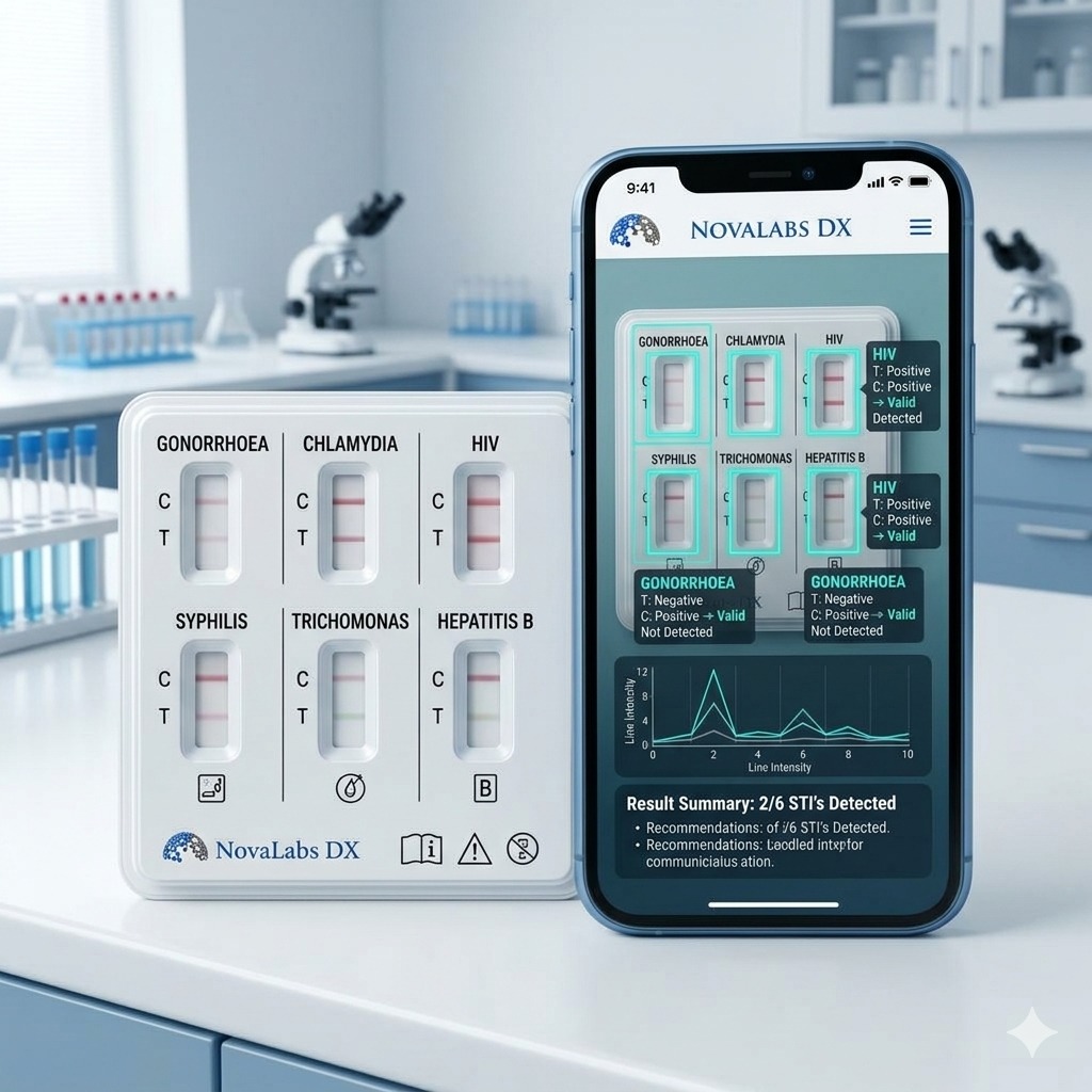 NovaLabs Women's Health Diagnostics smartphone scanning interface beside the multiplex physical test cassette