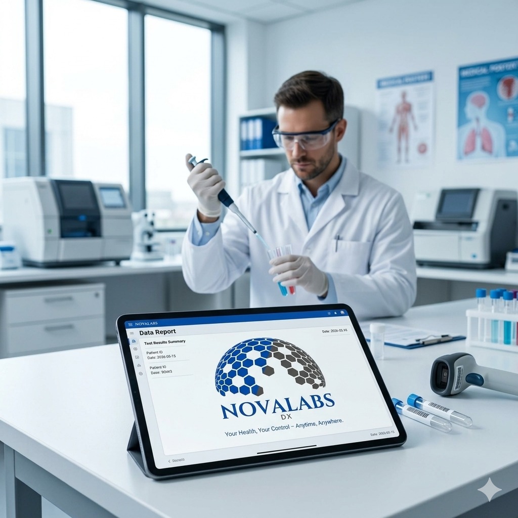 A biomedical scientist working in the lab beside a tablet showing the NovaLabs Women's Health Diagnostics data report