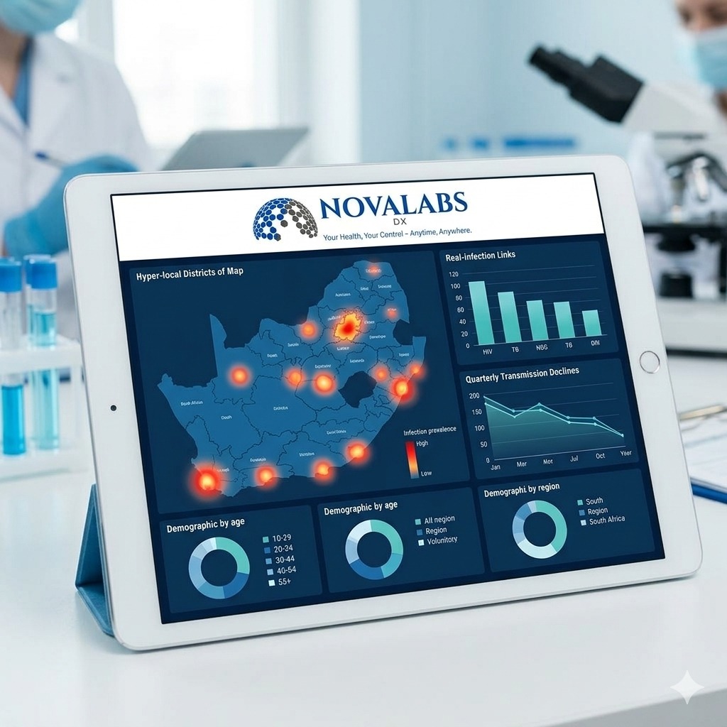 NovaLabs Women's Health Diagnostics dashboard showing hyper-local infection prevalence and demographic breakdowns